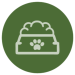 A circle icon with a clipart style bowl of dog food