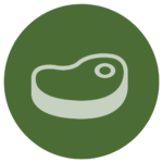 A circle icon with a clipart style steak in the middle