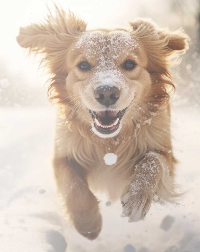 An image of a long-haired golden retriever puppy running toward the camera in the snow