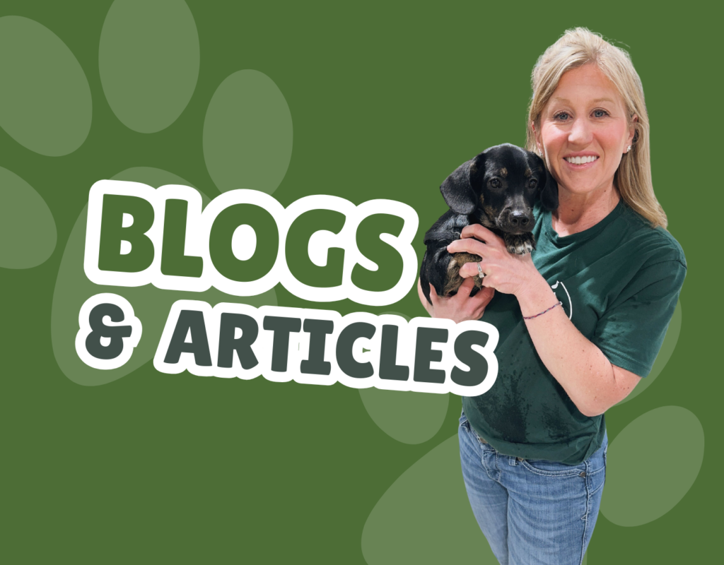 An image of a blond lady holding a black dog and smiling with text that says Blogs & Articles