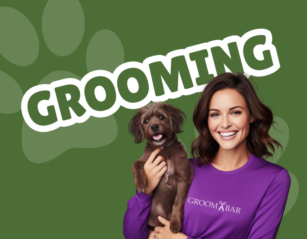 An image of a smiling lady with a purple top that has a GROOMBAR logo on it with text that says Grooming