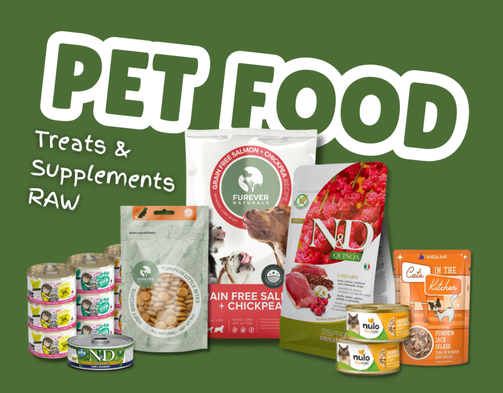 An image of pet food packaging with text that says pet Food Treats, supplements and Raw