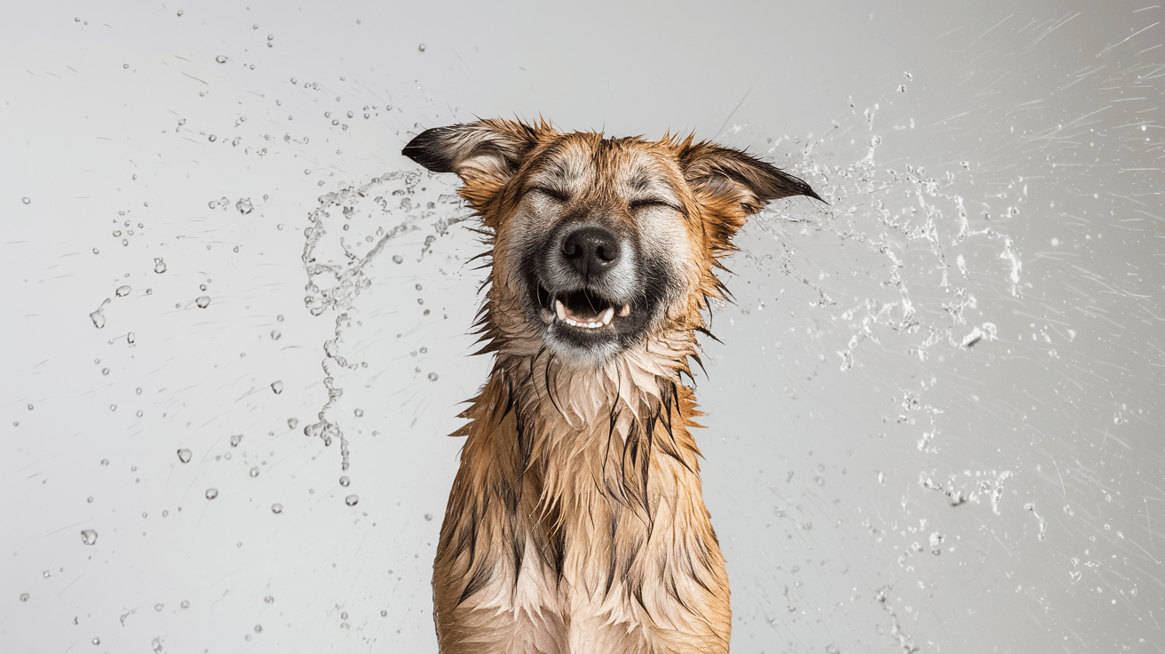 A happy looking brown and white dog wet and shaking water off