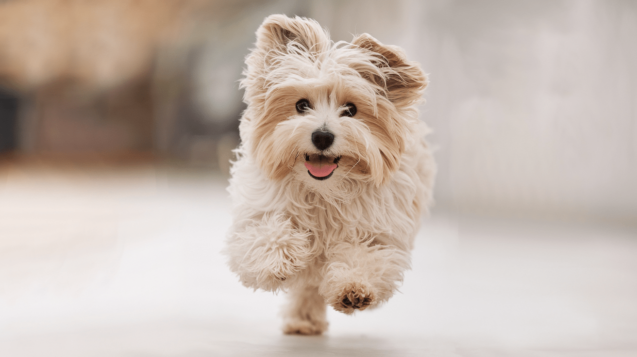 A white fluffy dog running toward